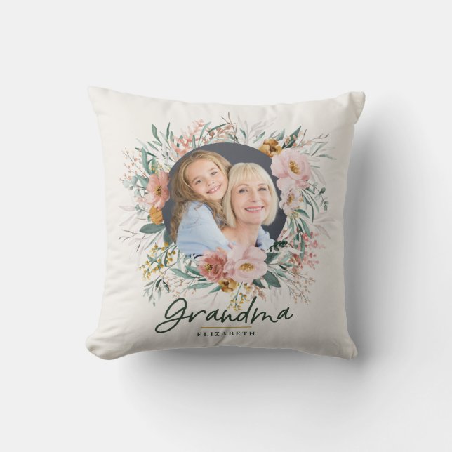 Coussin Grand-mère cadeau 2 photo rose girolle aquarelle f (Recto)