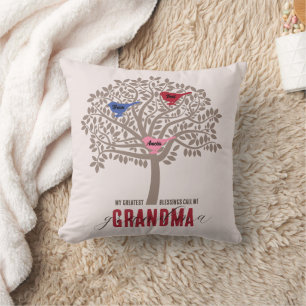 Coussin Grand-mère Cadeau de petits-enfants 3 oiseaux arbr