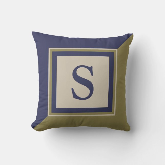 Coussin Grand Monogramme Bleu Marine Vert Olive Tanné (Recto)