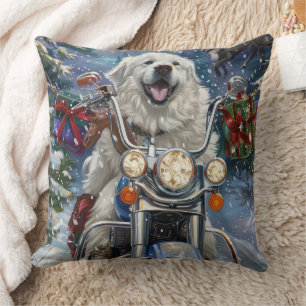 Coussin Grand Pyrenees Chien Conduisant une Moto Noël