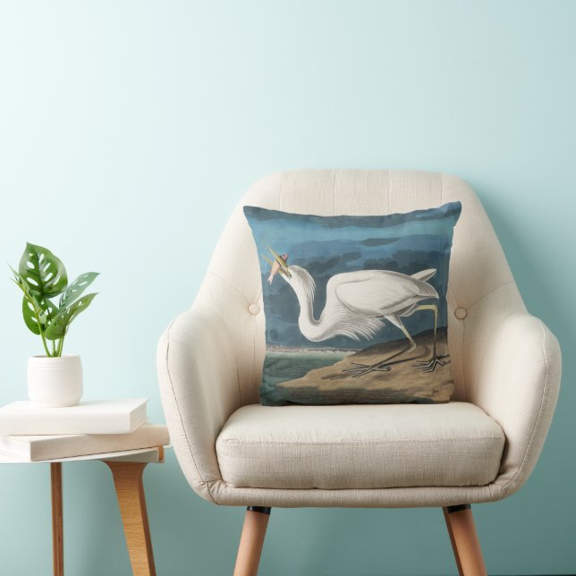 Coussin Grande Aigrette d'Audubon : Oiseau côtier vintage (Chaise)