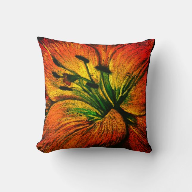 Coussin grande fleur orange jaune abstraite contemporaine (Recto)