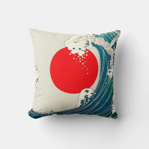 Coussin GRANDE VAGUE ET ROUGE SOLEIL Bleu Blanc Nautique