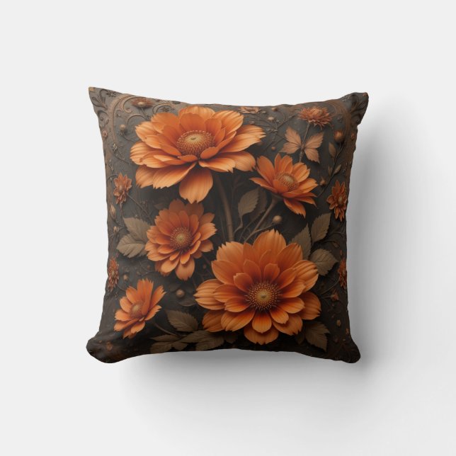 Coussin Grandes fleurs d'oranges brûlées 3d victoriennes (Recto)