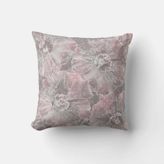 Coussin Grandes fleurs élégantes grises roses (Recto)