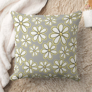 Coussin Grandes Fleurs Jaunes Blancs Sur Motif Gris