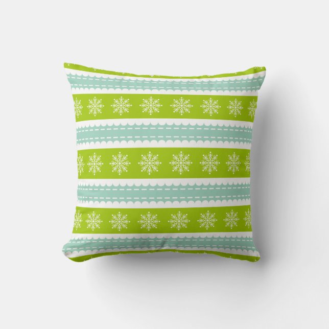 Coussin Grandes vertes et bleues de Noël avec des flocons  (Recto)