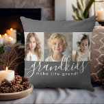 Coussin Grandkids Make Life Grand 3 Photo Collage sur Grey<br><div class="desc">Un cadeau attentionné pour les grands-parents, ce design coussin personnalisé dispose d'un 3 modèle photo à personnaliser avec des photos des petits-enfants. Une combinaison d'écriture manuscrite moderne combinée à une police sans serif moderne épelle "petits-enfants rendent la vie grandiose !" L'arrière - plan est un gris neutre et tendance, à...</div>