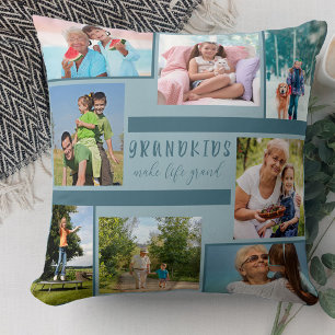 Coussin Grandkids Make Life Grand 8 Photo Collage Blue