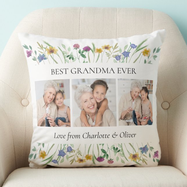 Coussin Grandma Cadeau 3 Photos Floral (Créateur téléchargé)