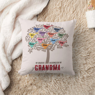 Coussin Grandma Cadeau Petits-enfants Noms Arbre 12 oiseau