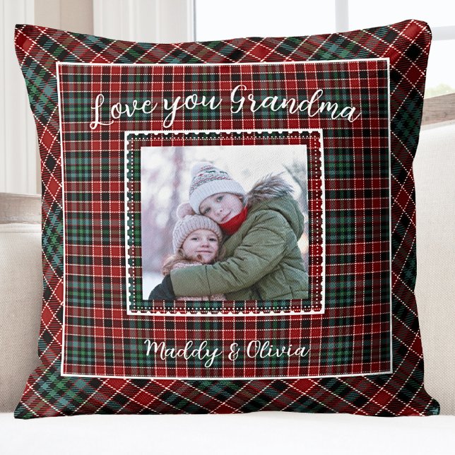 Coussin Grandma Famille Photo Russe Plaid (Grandma Holiday Christmas Grandkids Photo Throw )