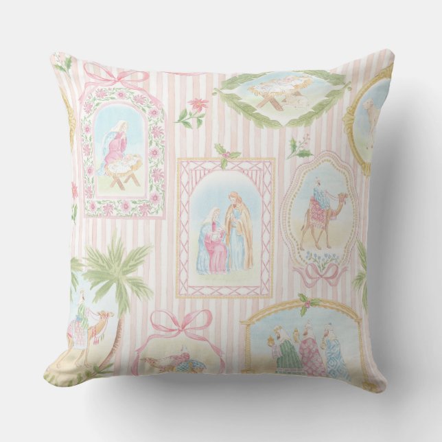 Coussin Grandmillennial Monogramme de la Nativité Pastel (Recto)