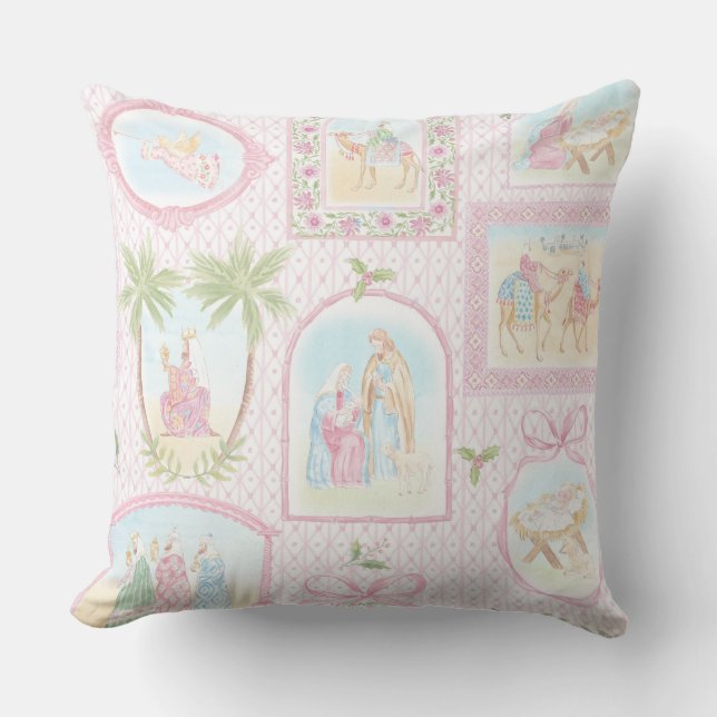 Coussin Grandmillennial Monogramme de la Nativité Pastel (Recto)