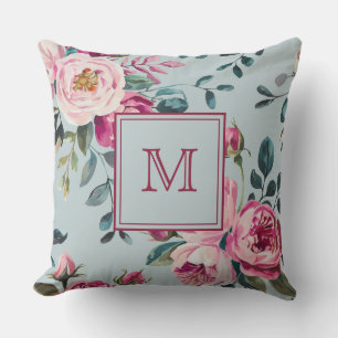 Coussin Grandmillennial Rose Poussiéreuse Florale Monogram