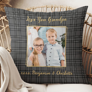Coussin Grandpa Personnalisé Gris Plaid Personnalisé Gold