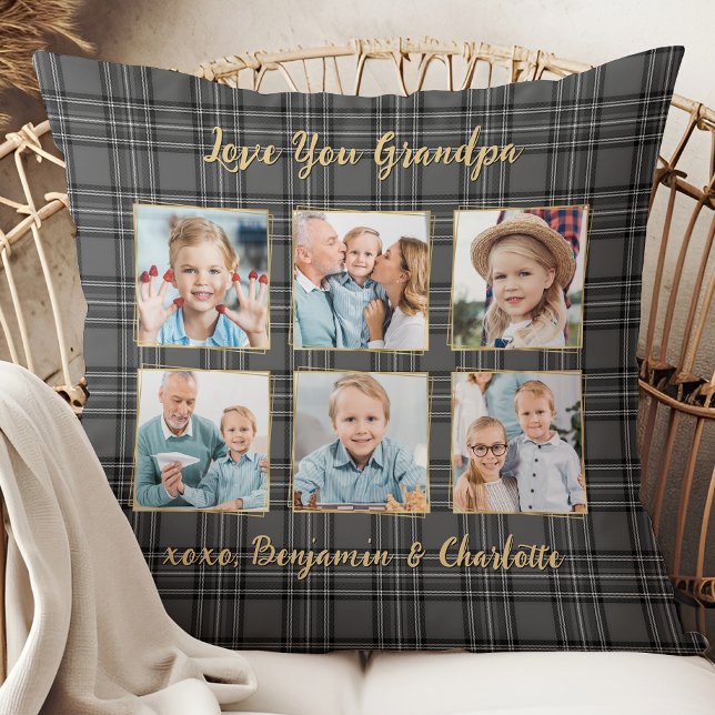 Coussin Grandpa Plaid Custom Grey Gold Photo Collage (Créateur téléchargé)