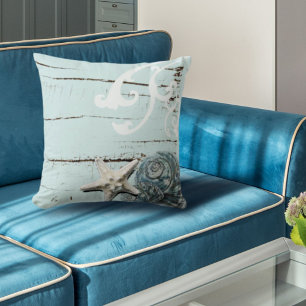 Coussin Grange côtière bois aqua bleu étoile coquillages