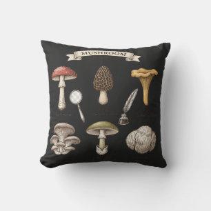 Coussin graphique de champignons, botanique vintage, chemi