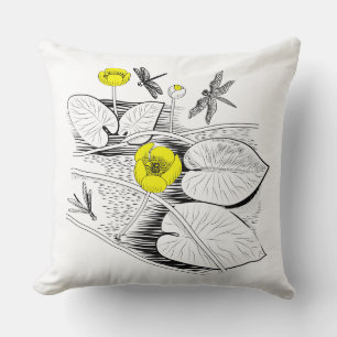 Coussin Graphique de gravure jaune nénuphars