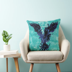 Coussin Graphique de l'oiseau phénix bleu volant