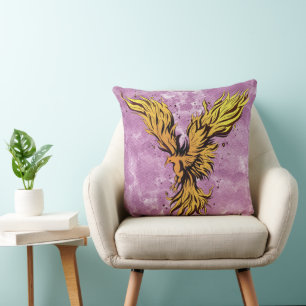 Coussin Graphique d'oiseau phénix doré volant