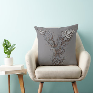 Coussin Graphique d'oiseau phénix gris volant
