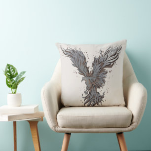 Coussin Graphique d'oiseau phénix gris volant