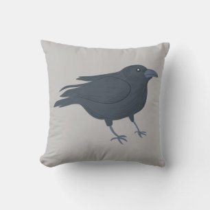 Coussin Graphique d'oiseaux du Corbeau noir sur gris