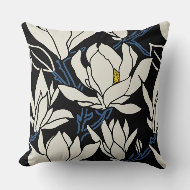Coussin graphisme Magnolia dans un motif beige et noir (Recto)