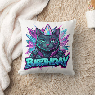 Coussin Graphisme pour fête d'anniversaire de chat cyberpu