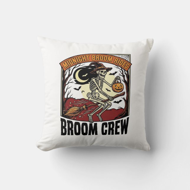 Coussin Graphisme sorcière squelette vintage balais Hallow (Recto)