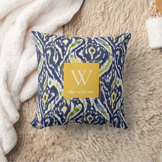 Coussin Gras bleu jaune Abstrait Ikat Monogramme