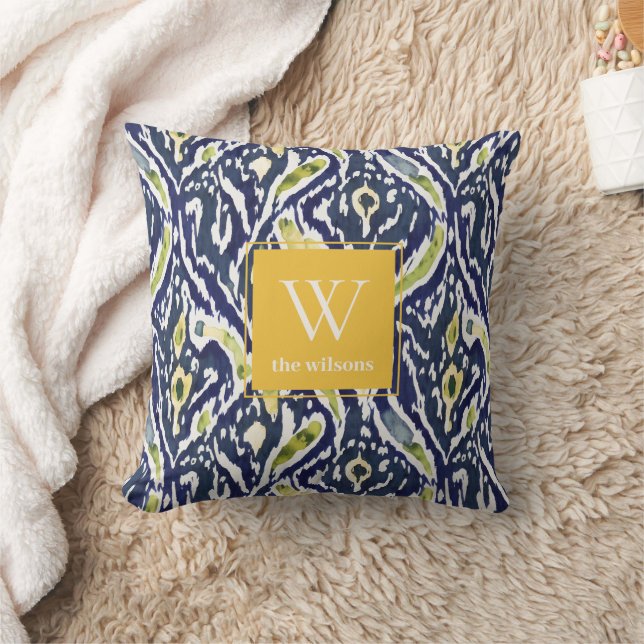 Coussin Gras bleu jaune Abstrait Ikat Monogramme (Couverture)