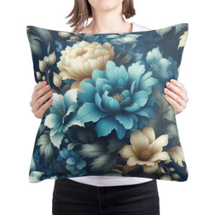 Coussin Gras en bleu et florales délicates en crème