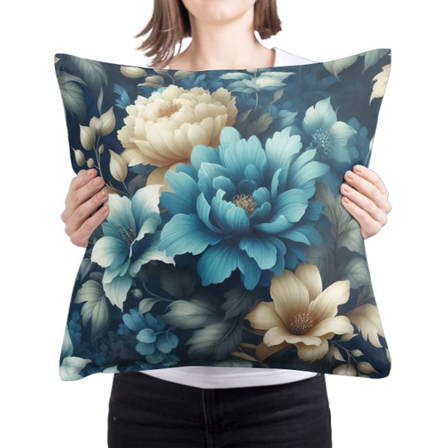 Coussin Gras en bleu et florales délicates en crème (Créateur téléchargé)