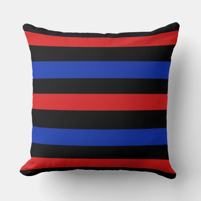Coussin Gras et vibrants rouge, noir et bleu rayures patte (Recto)