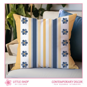 Coussin Gras jaune et bleu rayures florales