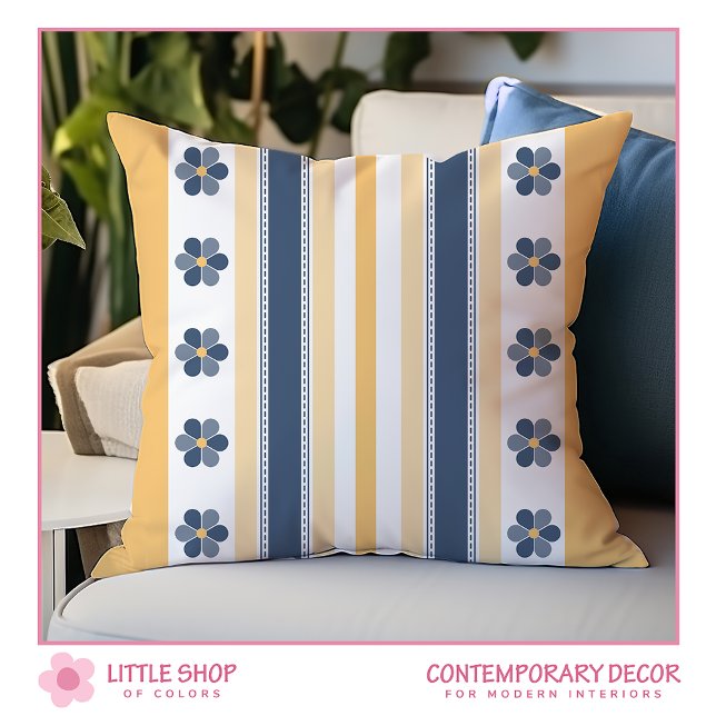 Coussin Gras jaune et bleu rayures florales (Créateur téléchargé)