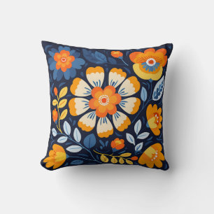 Coussin Gras Retro Floral Illustration en orange et bleu