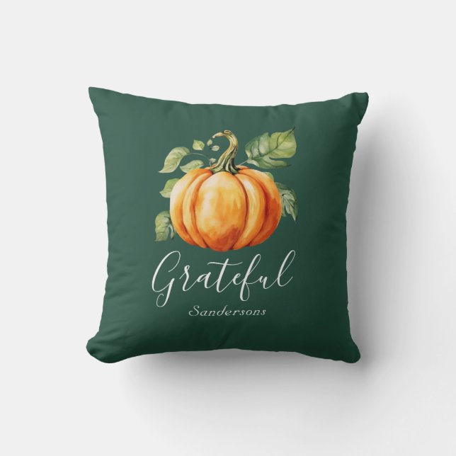 Coussin Grateful Citrouille orange foncé vert personnalisé (Recto)