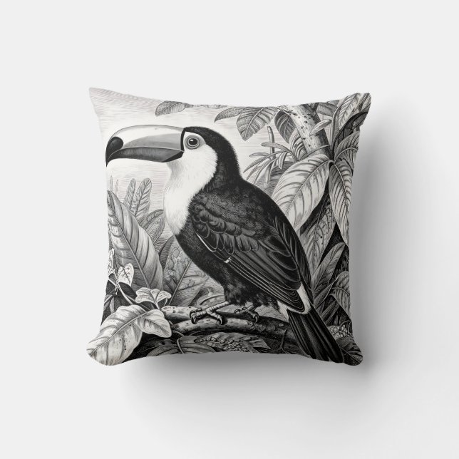 Coussin Gravure de Toucan dans le Feuillage de la Jungle (Recto)