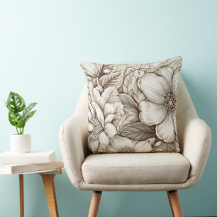 Coussin Gravure florale botanique sépia vintage sur ivoire
