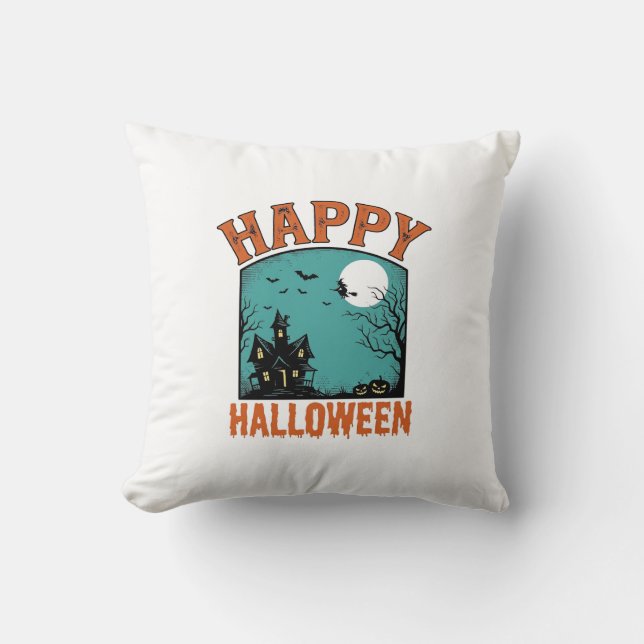 Coussin Gravure Vintage Joyeux Halloween Maison Hantée De (Recto)
