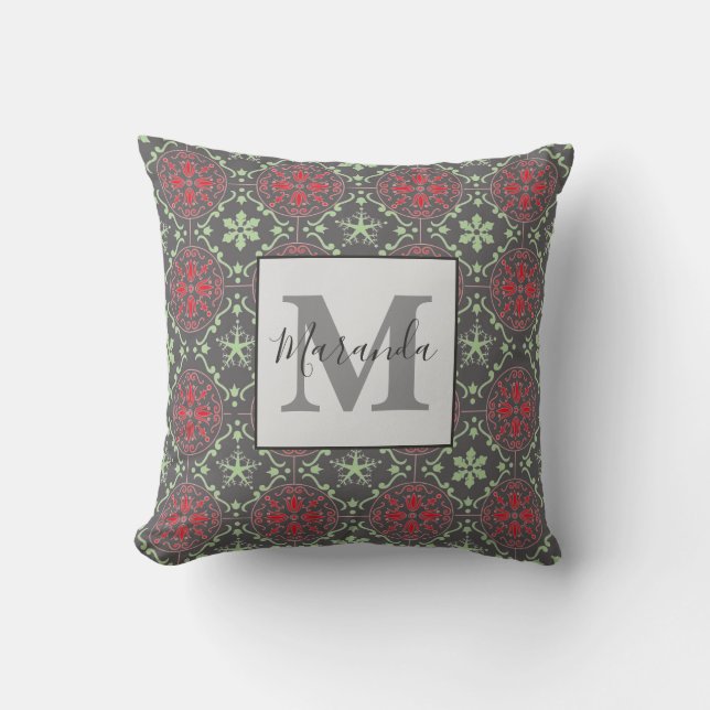 Coussin Gray Elegant Hiver Nordic Snowflake Monogramme (Recto)