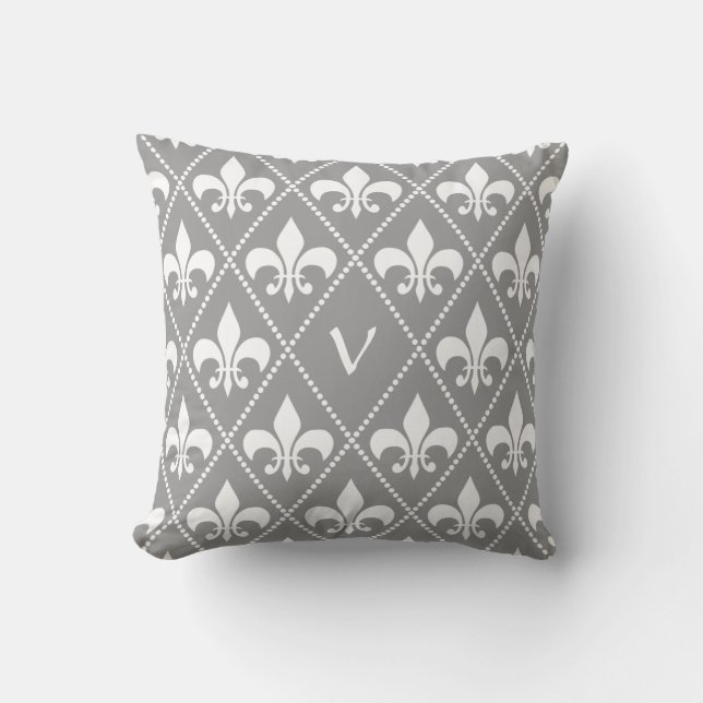 Coussin Gray Fleur de Lis avec l'initiale de monogramme (Recto)