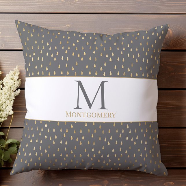Coussin Gray Gold Raindrop Moderne Monogramme tendance (Créateur téléchargé)