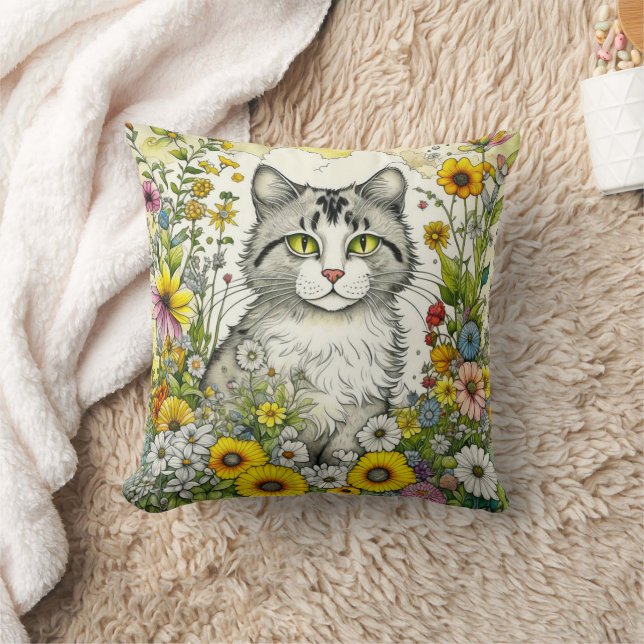 Coussin Gray Kitty Chat assis en Fleurs (Couverture)