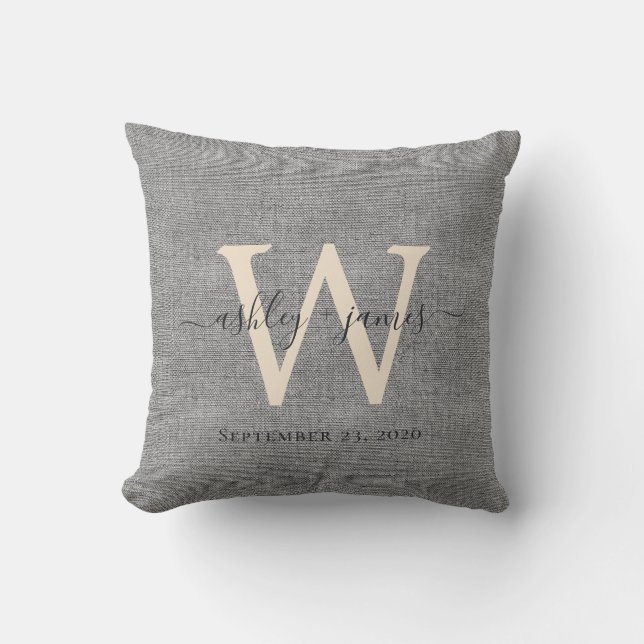 Coussin Gray Linen ivoire Monogramme Mariage Keepsaké (Recto)