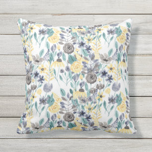 Coussin Gray Pastel Jaune Aquarelle Florale Motif Outdo